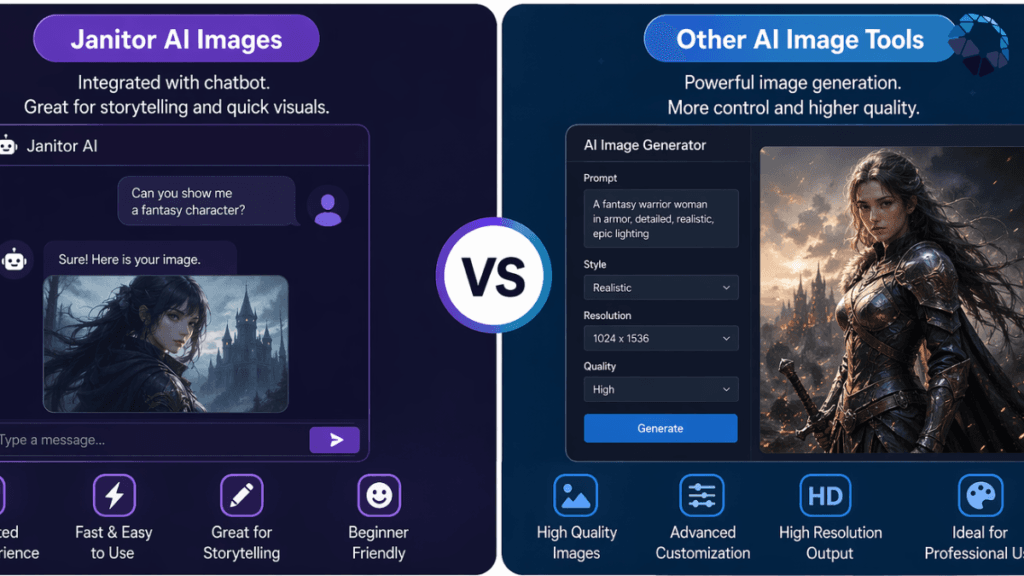 Janitor AI images compared with other AI image generators showing quality and features
